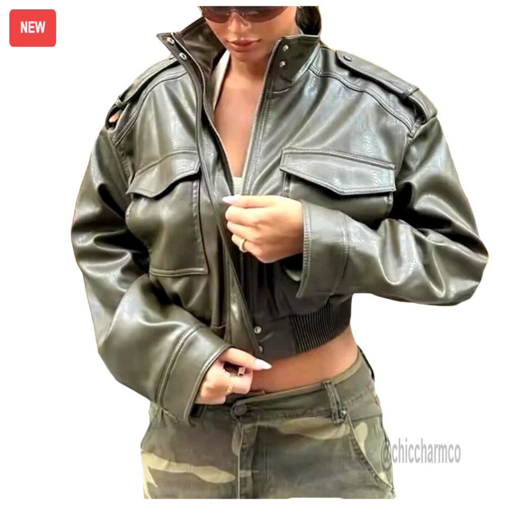 Cropped Leather Bomber Jacket Women Stand Collar Zip Up Trendy